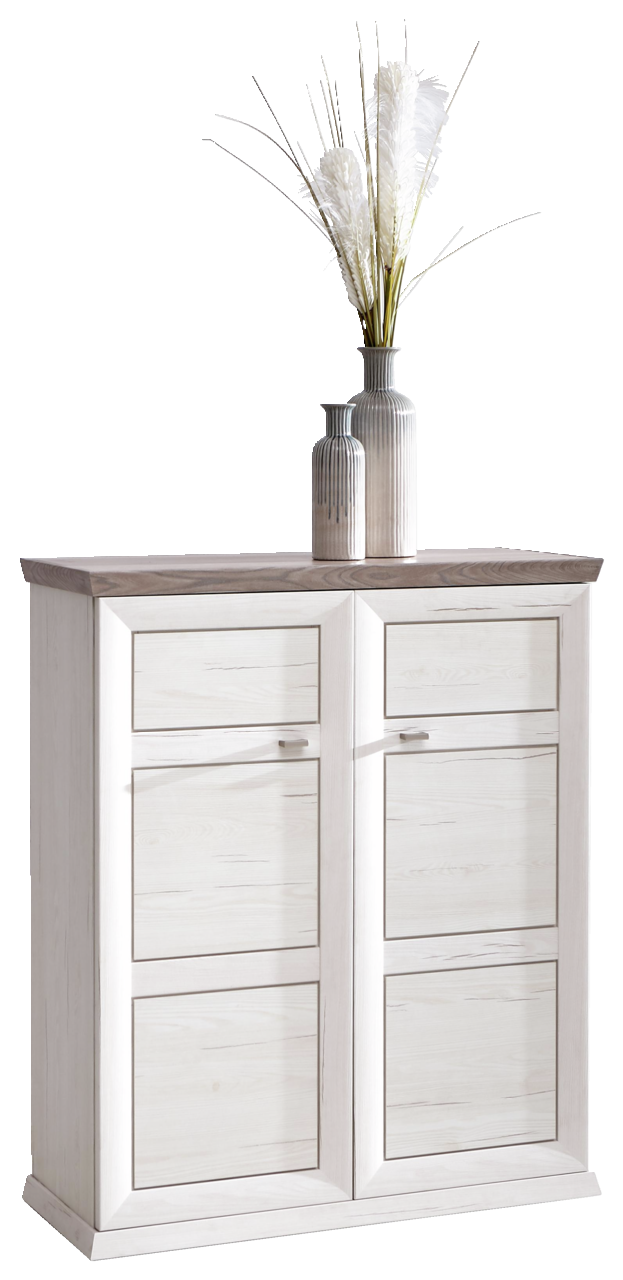 Hom´in Schuhschrank CAMRON Schuhschrank aus der Serie Camron/Benton mit zwei Vasen und Dekoration auf der Oberseite, frontal betrachtet.