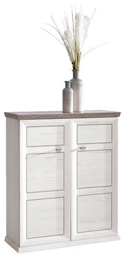 Schuhschrank aus der Serie Camron/Benton mit zwei Vasen und Dekoration auf der Oberseite, frontal betrachtet.