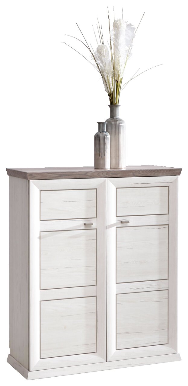 Schuhschrank aus der Serie Camron/Benton mit zwei Vasen und Dekoration auf der Oberseite, frontal betrachtet.