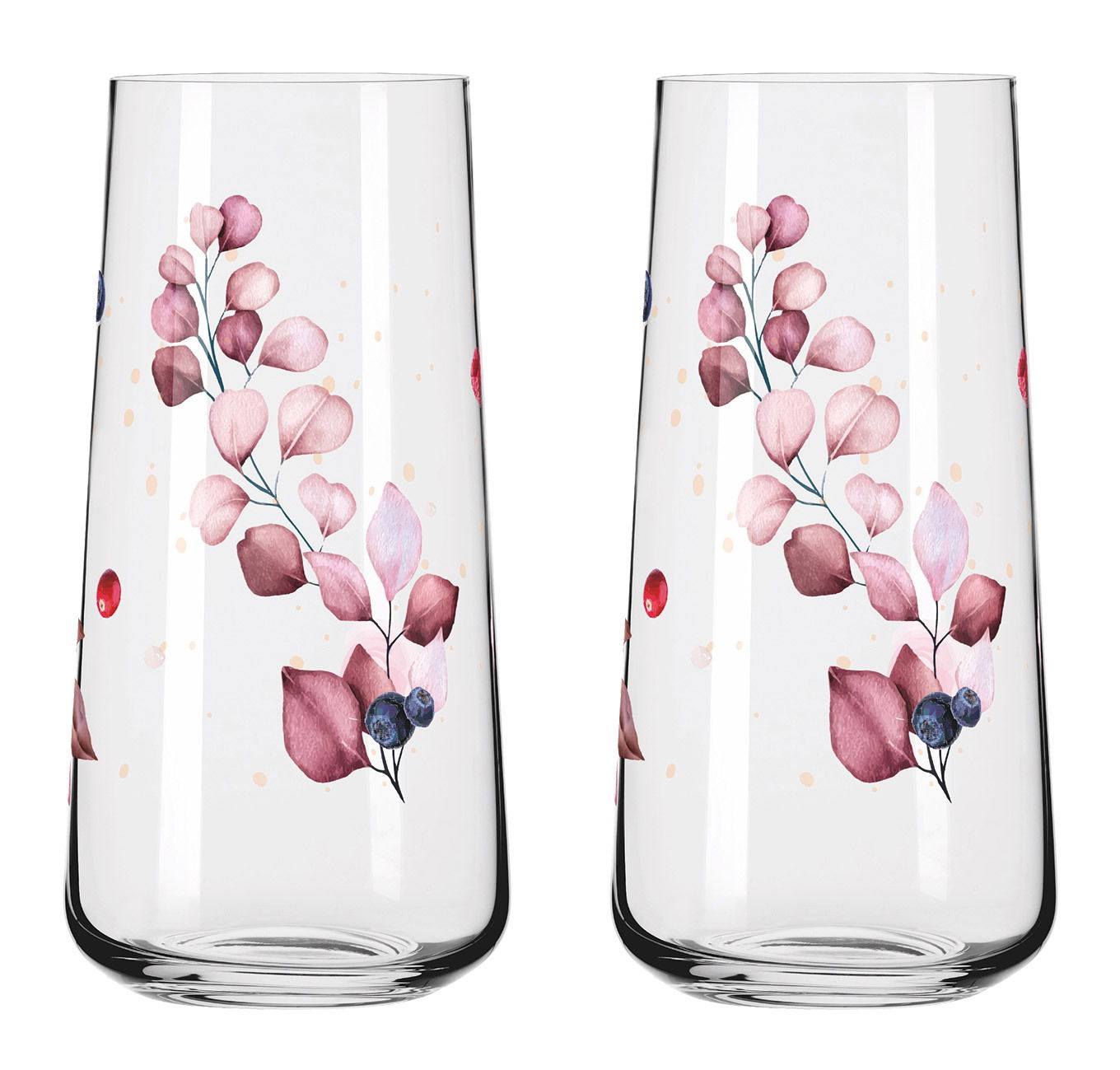 Zwei Longdrinkbecher mit floralen Mustern in Rosa- und Blautönen, frontal abgebildet.