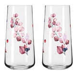 Zwei Longdrinkbecher mit floralen Mustern in Rosa- und Blautönen, frontal abgebildet.