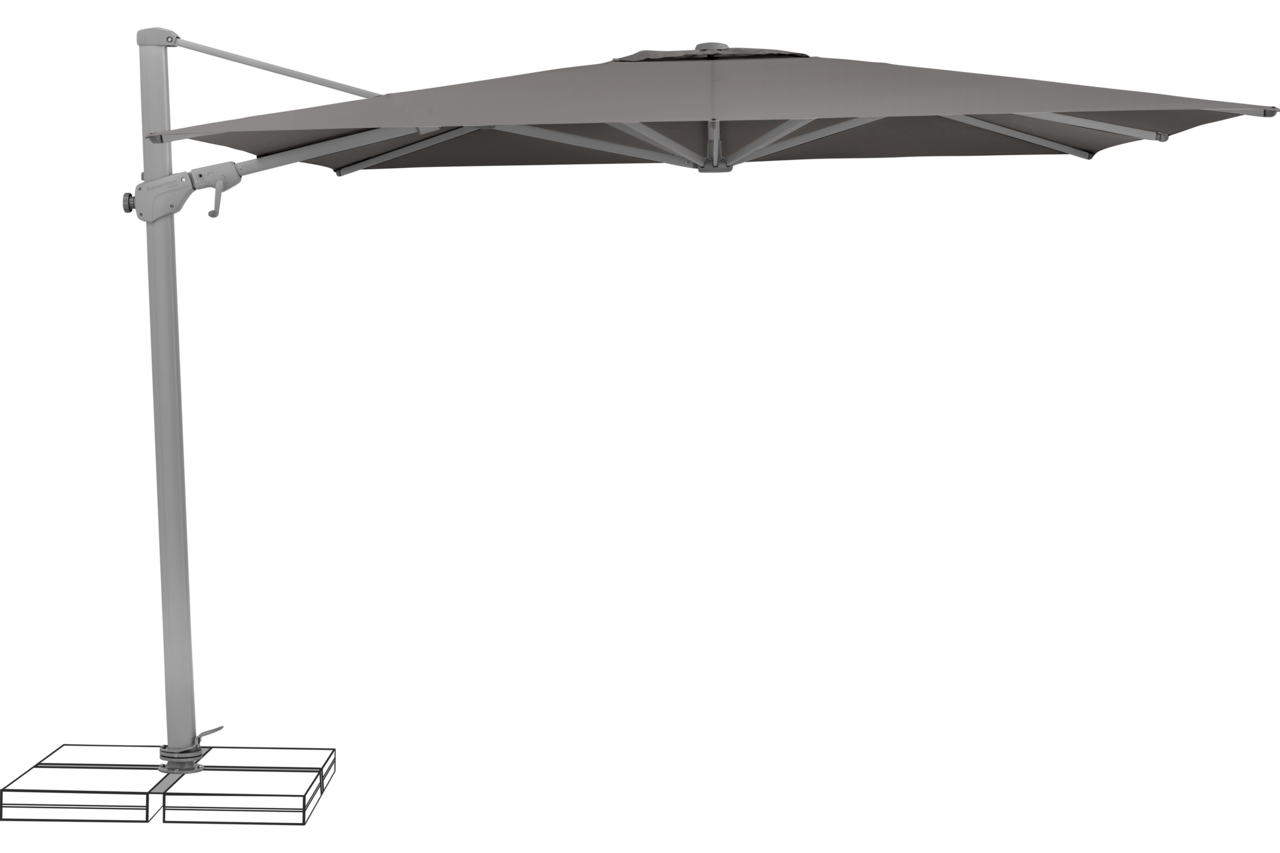Seitenansicht eines grauen Ampelschirms mit stabilem Standfuß und Kurbelmechanismus.