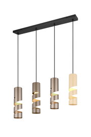 Moderne Pendelleuchte mit vier spiralförmigen Lampenschirmen in verschiedenen Farbtönen, von vorne betrachtet.