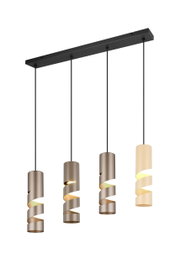 Moderne Pendelleuchte mit vier spiralförmigen Lampenschirmen in verschiedenen Farbtönen, von vorne betrachtet.