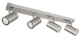 Moderner Strahler mit vier zylindrischen Leuchten in gebürstetem Metall, seitliche Perspektive