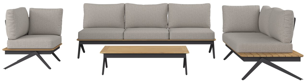 Loungeset bestaande uit een driezitsbank, twee hoekelementen en een rechthoekige salontafel, gezien vanaf de voorkant.