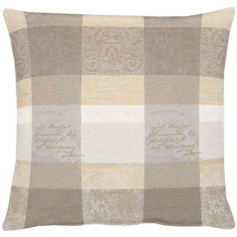 Kissenhülle mit quadratischem Muster in Beige- und Grautönen, Vorderansicht