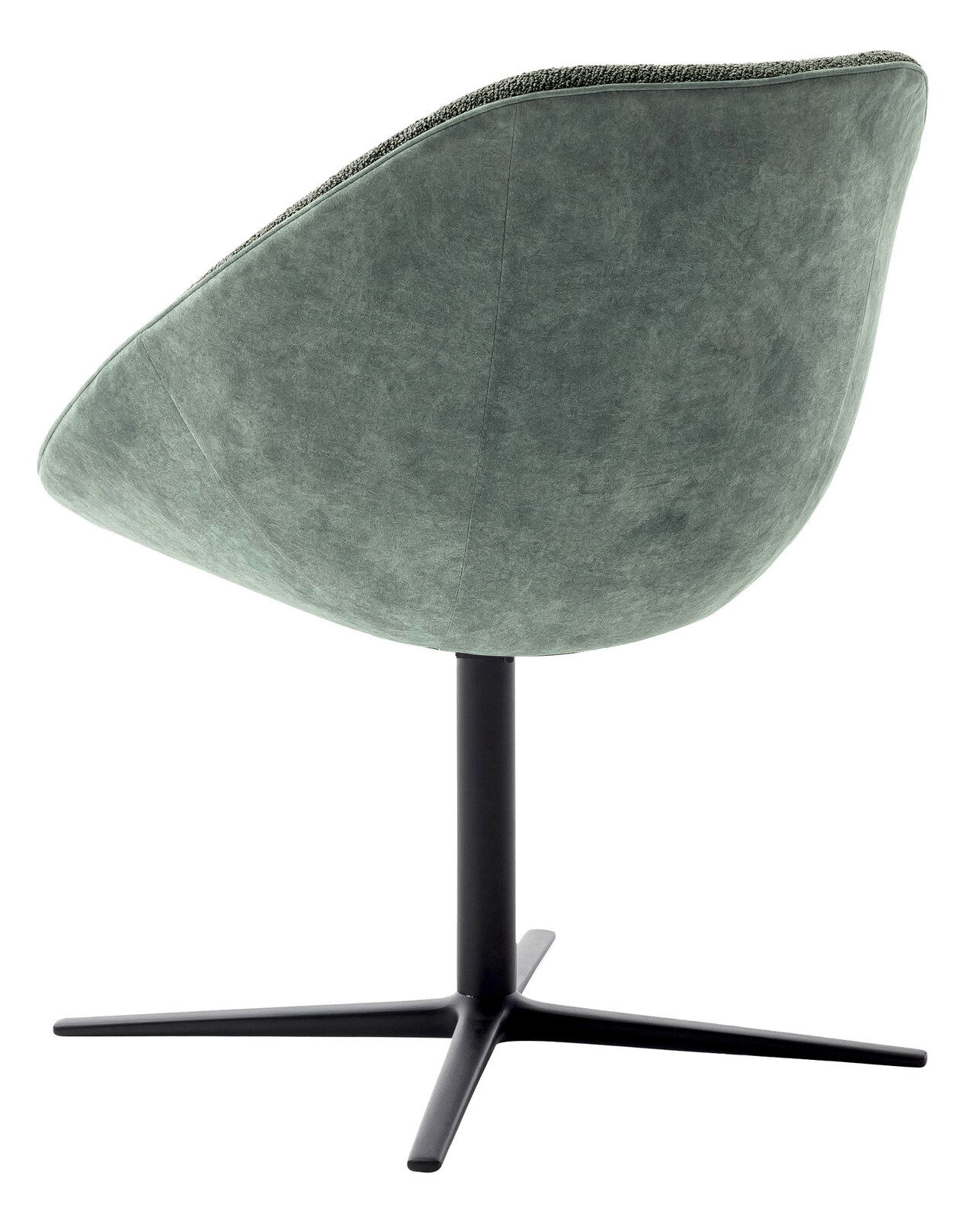 Venjakob Stuhl LIV Rückansicht eines modernen, grünen Stuhls mit schwarzem Metallfuß und gepolsterter Sitzschale.