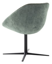 Rückansicht eines modernen, grünen Stuhls mit schwarzem Metallfuß und gepolsterter Sitzschale.