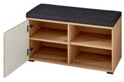 Garderobenbank aus Holz mit schwarzem Sitzpolster, offene Fächer und eine geöffnete Tür, seitliche Perspektive