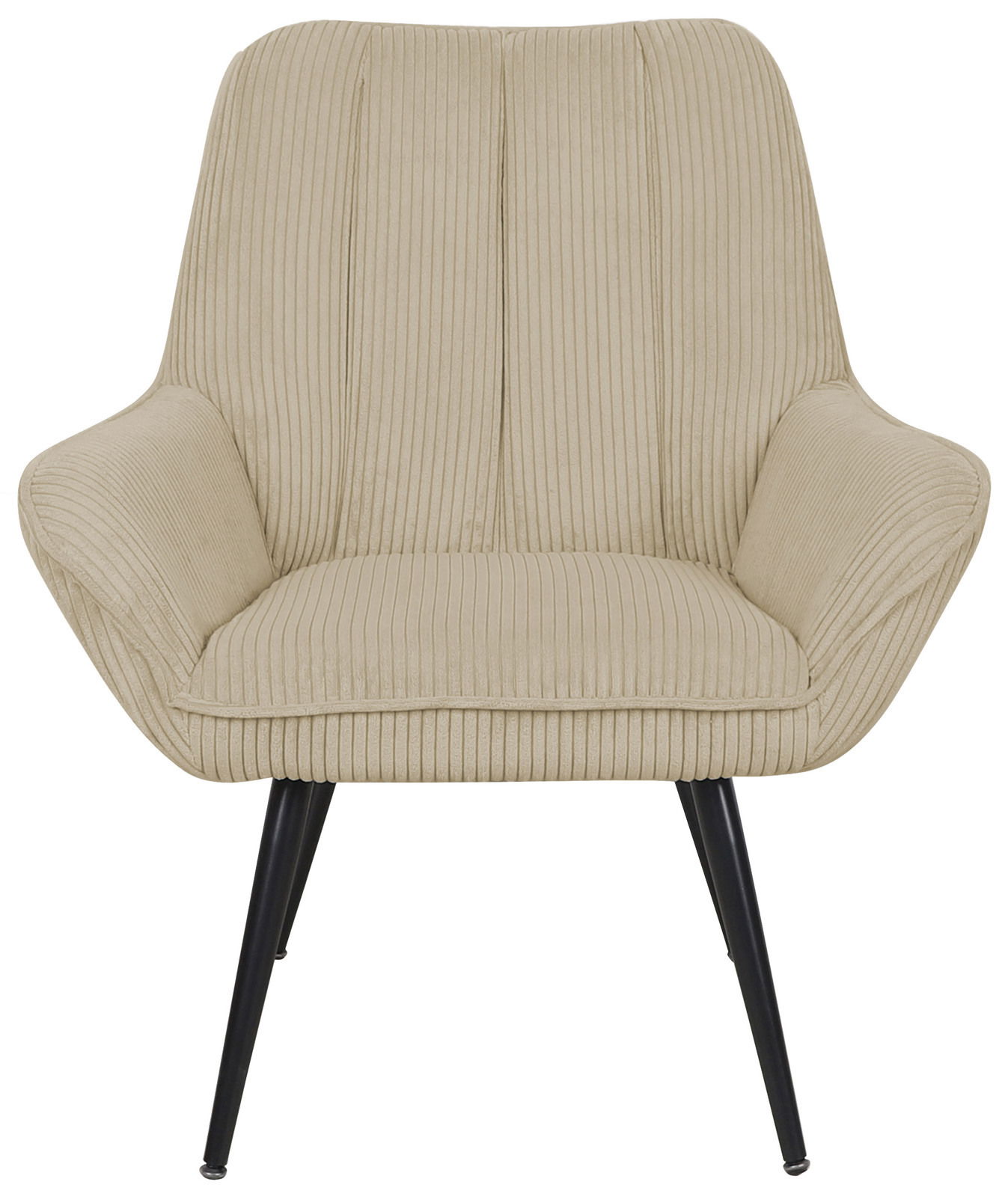 Beiger Sessel mit geripptem Stoffbezug und schwarzen Metallbeinen, Frontalansicht