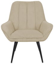 Beiger Sessel mit geripptem Stoffbezug und schwarzen Metallbeinen, Frontalansicht