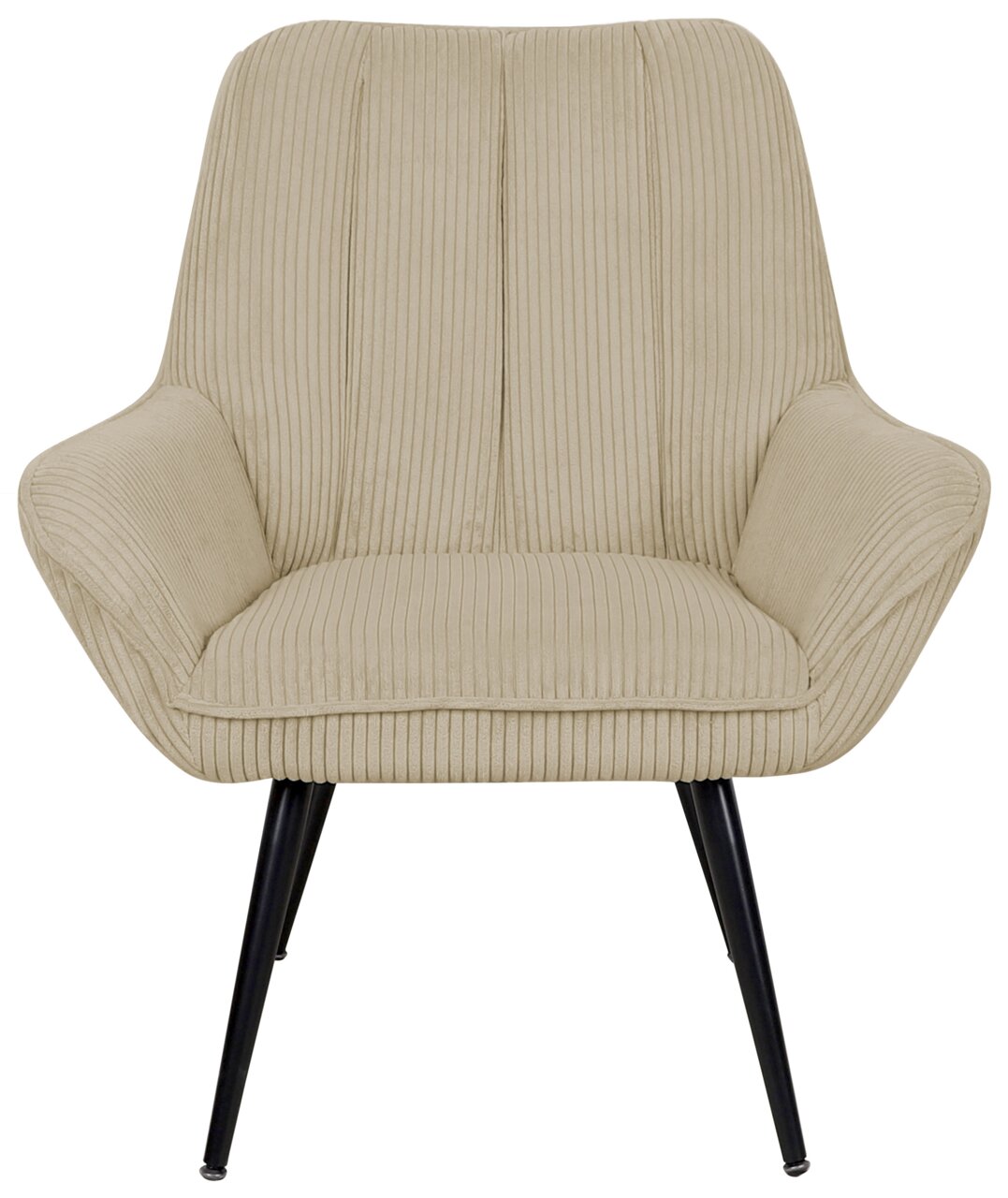 Beige fauteuil met geribbelde stoffen bekleding en zwarte metalen poten, vooraanzicht