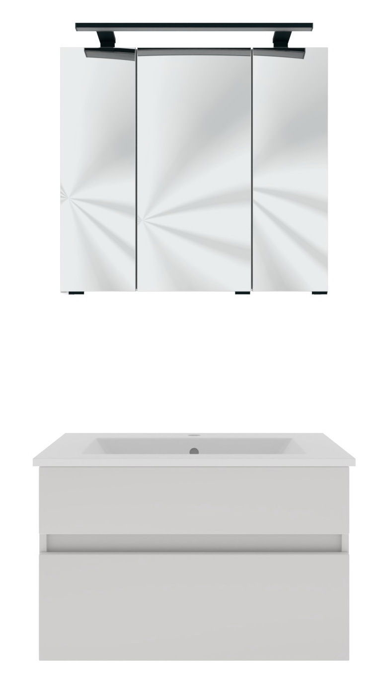 Frontale Ansicht eines modernen Badblocks mit einem dreitürigen Spiegelschrank und einem weißen Waschtisch mit Schubladen.