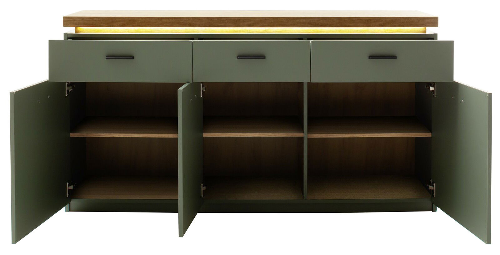 Frontansicht eines modernen Sideboards mit offenen Türen und Schubladen, in Olivgrün mit Holzoberfläche und integrierter Beleuchtung.