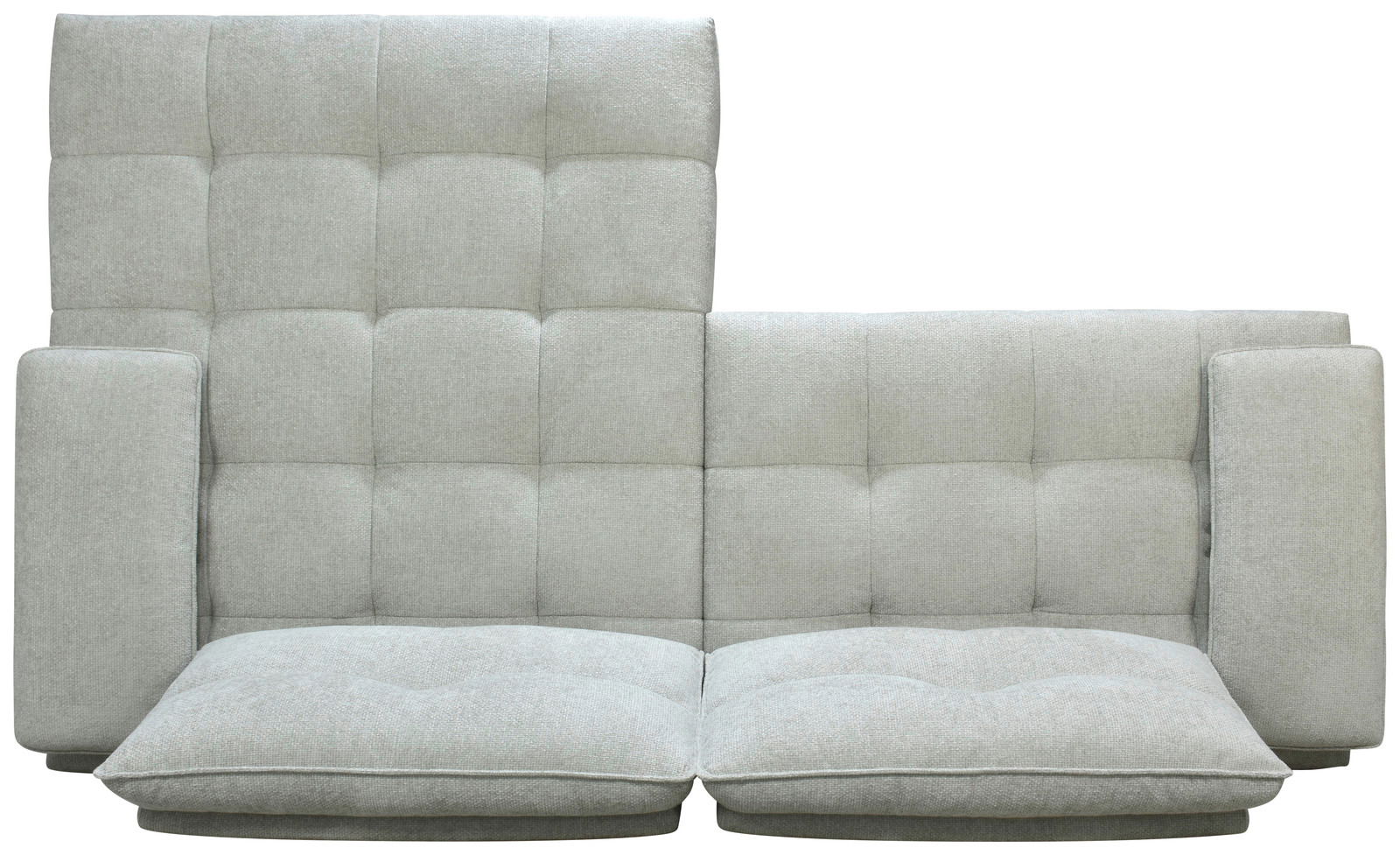 Frontale Ansicht einer grauen Longchairkombination mit gepolsterten Kissen und modernem Design.