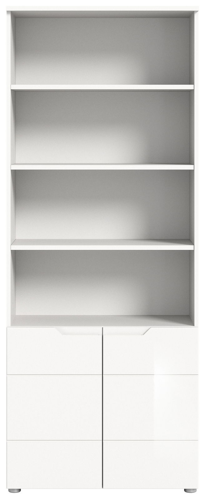 Weißes Stauraumshelf mit drei offenen Regalböden und zwei Schubladen, Frontalansicht