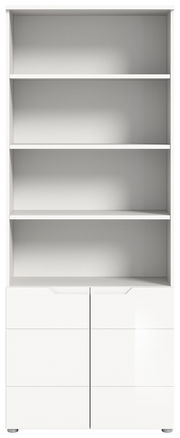 Weißes Stauraumshelf mit drei offenen Regalböden und zwei Schubladen, Frontalansicht