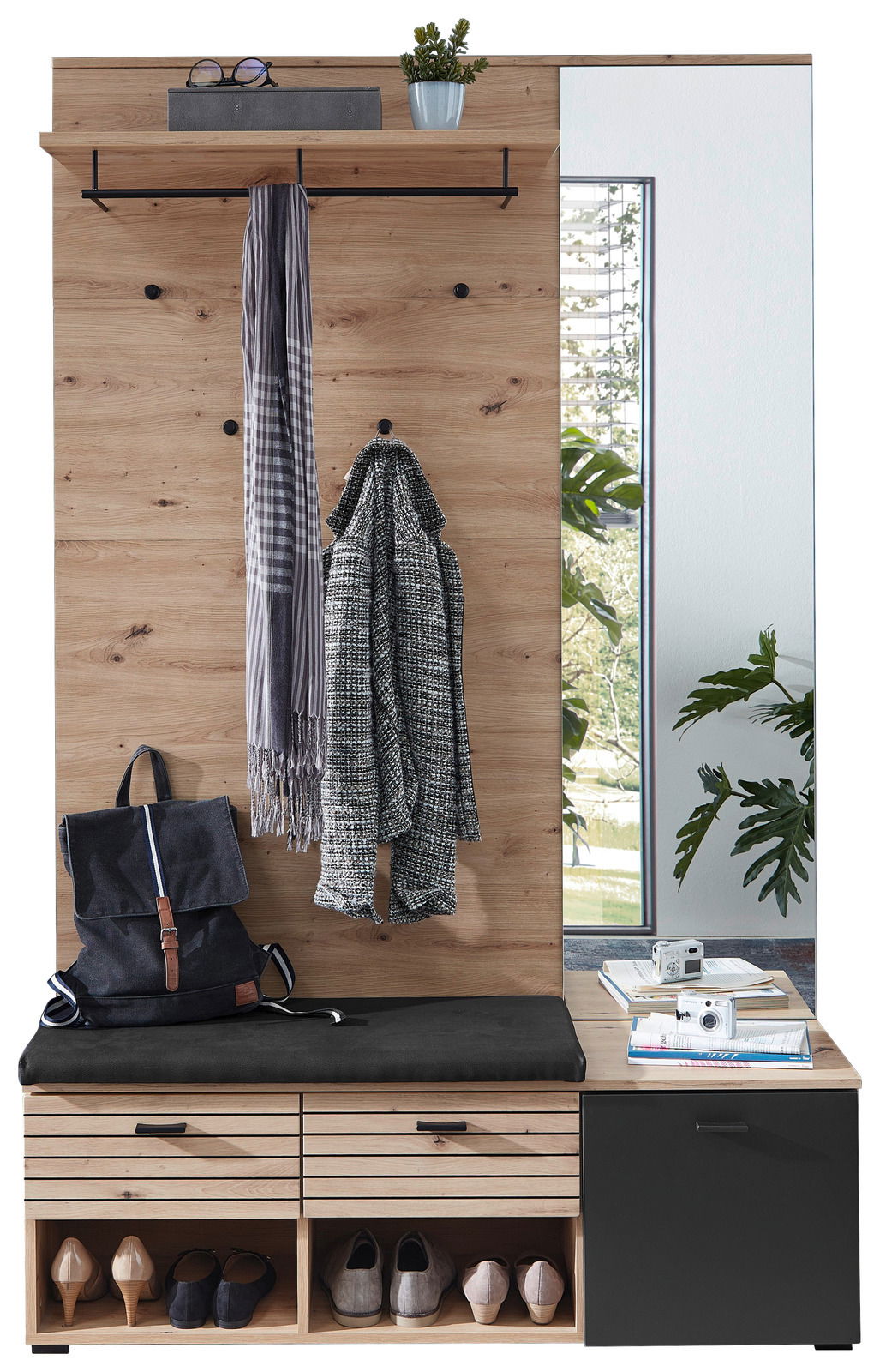 Voleo Garderoben-Set BUFFALO Garderoben-Set aus Holz mit Spiegel, Sitzbank, Haken und Ablagefächern, seitliche Perspektive