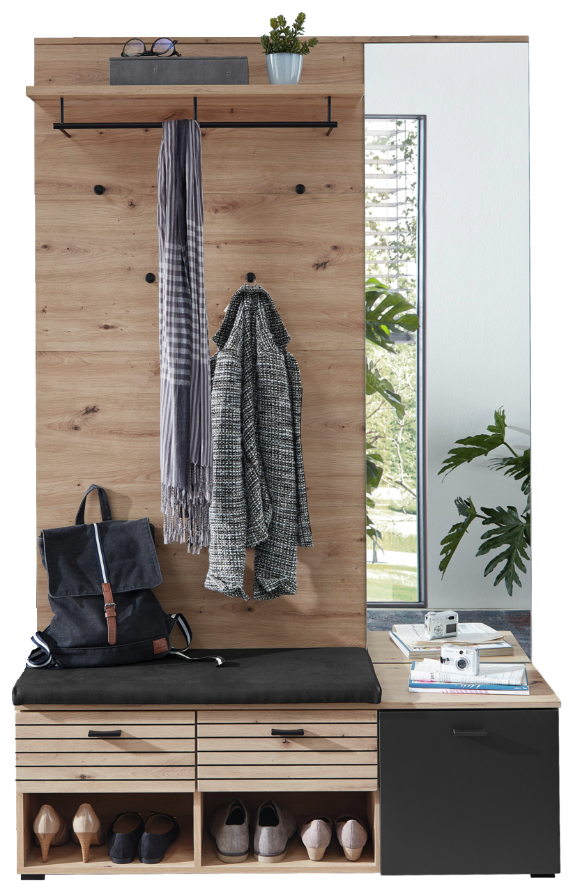 Voleo Garderoben-Set BUFFALO Garderoben-Set aus Holz mit Spiegel, Sitzbank, Haken und Ablagefächern, seitliche Perspektive
