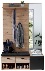 Garderoben-Set aus Holz mit Spiegel, Sitzbank, Haken und Ablagefächern, seitliche Perspektive