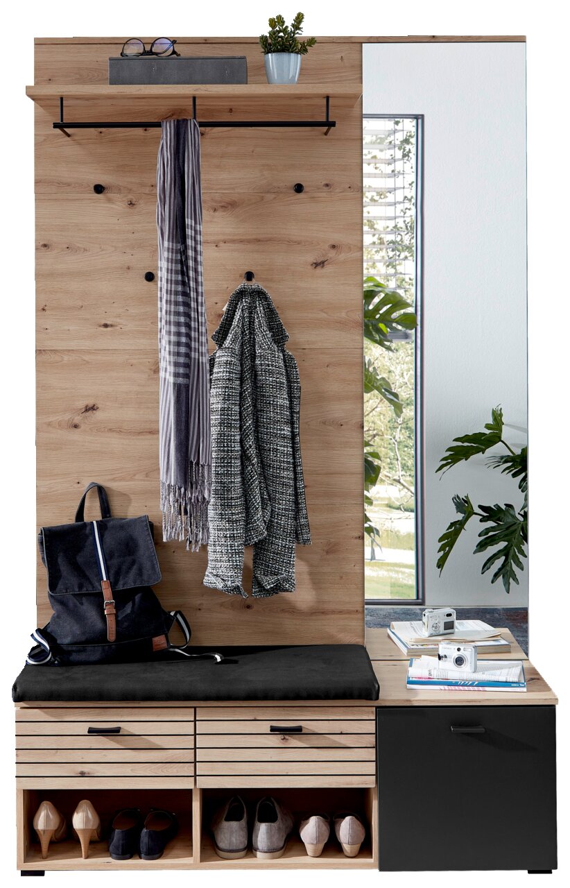 Voleo Garderoben-Set BUFFALO Garderoben-Set aus Holz mit Spiegel, Sitzbank, Haken und Ablagefächern, seitliche Perspektive