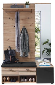 Garderoben-Set aus Holz mit Spiegel, Sitzbank, Haken und Ablagefächern, seitliche Perspektive