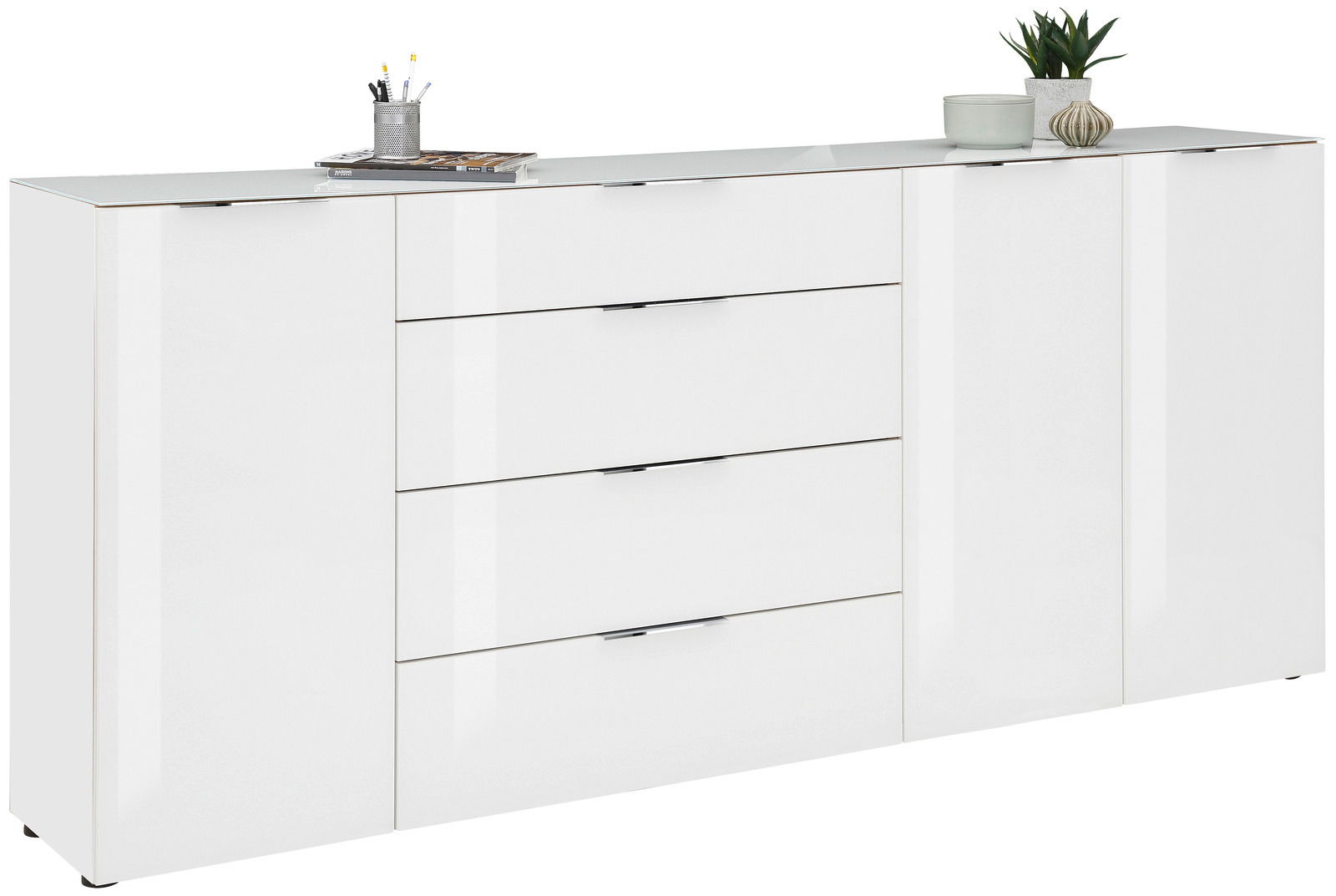 Voleo XL-Sideboard MALIN Weißes XL-Sideboard mit Hochglanzoberfläche, vier Schubladen und zwei Türen, seitliche Perspektive