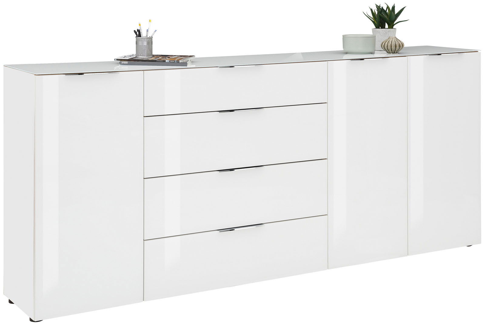 Weißes XL-Sideboard mit Hochglanzoberfläche, vier Schubladen und zwei Türen, seitliche Perspektive