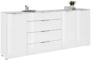 Weißes XL-Sideboard mit Hochglanzoberfläche, vier Schubladen und zwei Türen, seitliche Perspektive