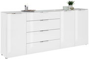 Weißes XL-Sideboard mit Hochglanzoberfläche, vier Schubladen und zwei Türen, seitliche Perspektive