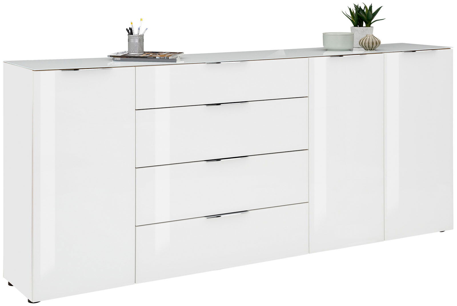 Voleo XL-Sideboard MALIN Weißes XL-Sideboard mit Hochglanzoberfläche, vier Schubladen und zwei Türen, seitliche Perspektive