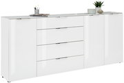 Weißes XL-Sideboard mit Hochglanzoberfläche, vier Schubladen und zwei Türen, seitliche Perspektive