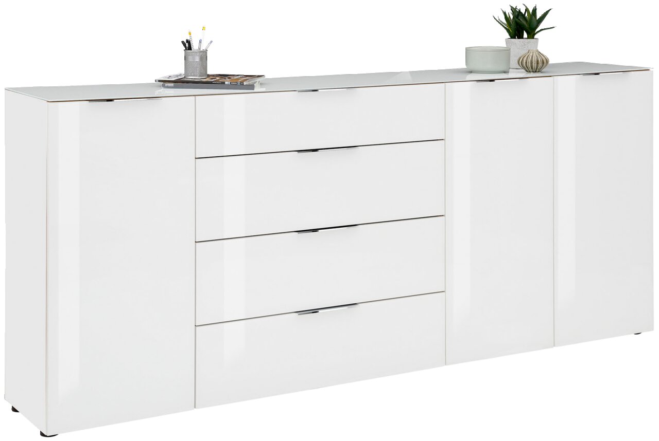 Voleo XL-dressoir MALIN Weißes XL-Sideboard mit Hochglanzoberfläche, vier Schubladen und zwei Türen, seitliche Perspektive