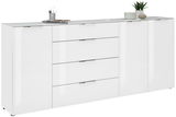 Weißes XL-Sideboard mit Hochglanzoberfläche, vier Schubladen und zwei Türen, seitliche Perspektive