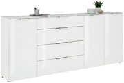Weißes XL-Sideboard mit Hochglanzoberfläche, vier Schubladen und zwei Türen, seitliche Perspektive