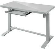 Moderner E-Schreibtisch aus Metall mit Glasplatte, seitliche Perspektive