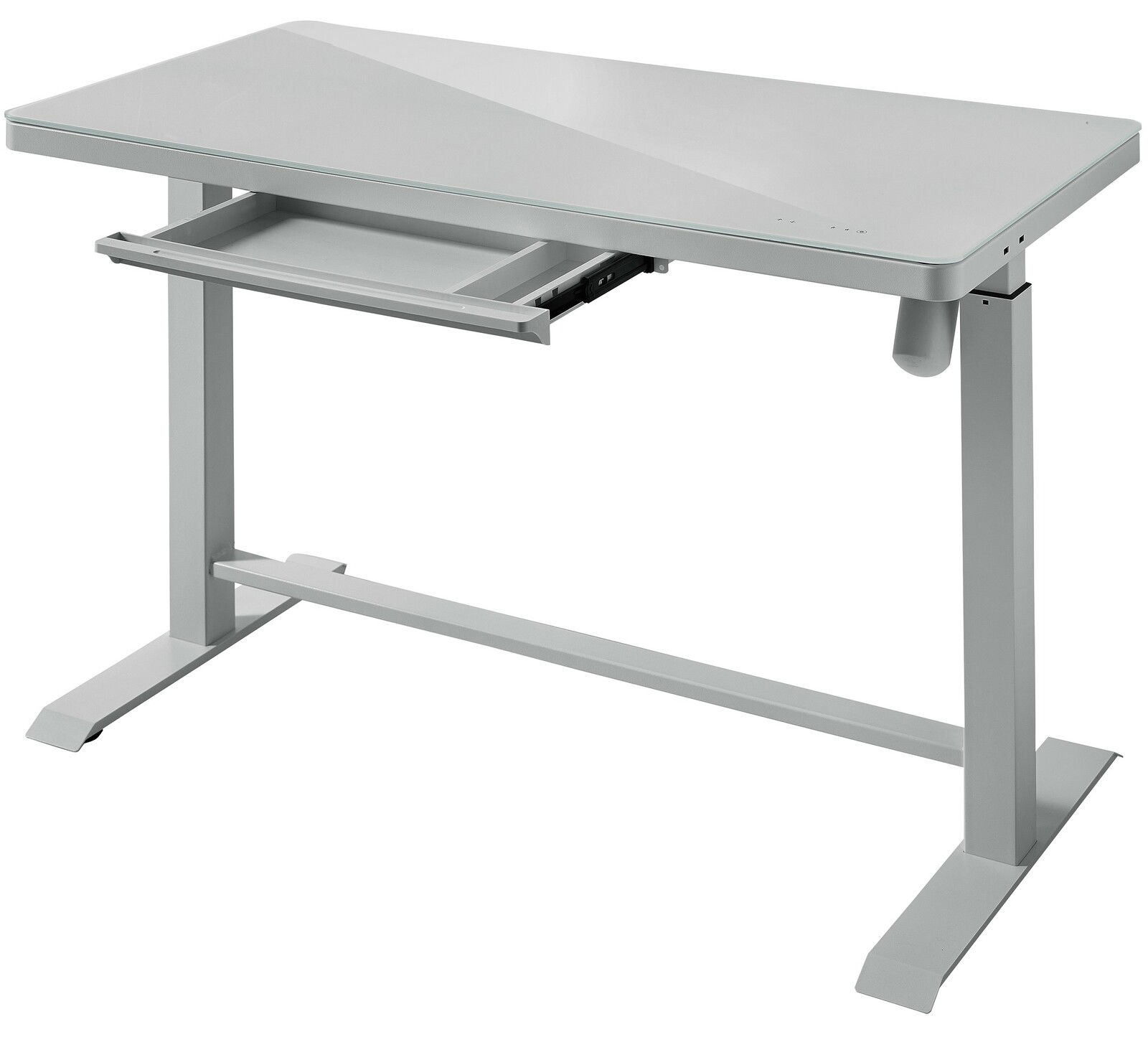 Moderner E-Schreibtisch aus Metall mit Glasplatte, seitliche Perspektive