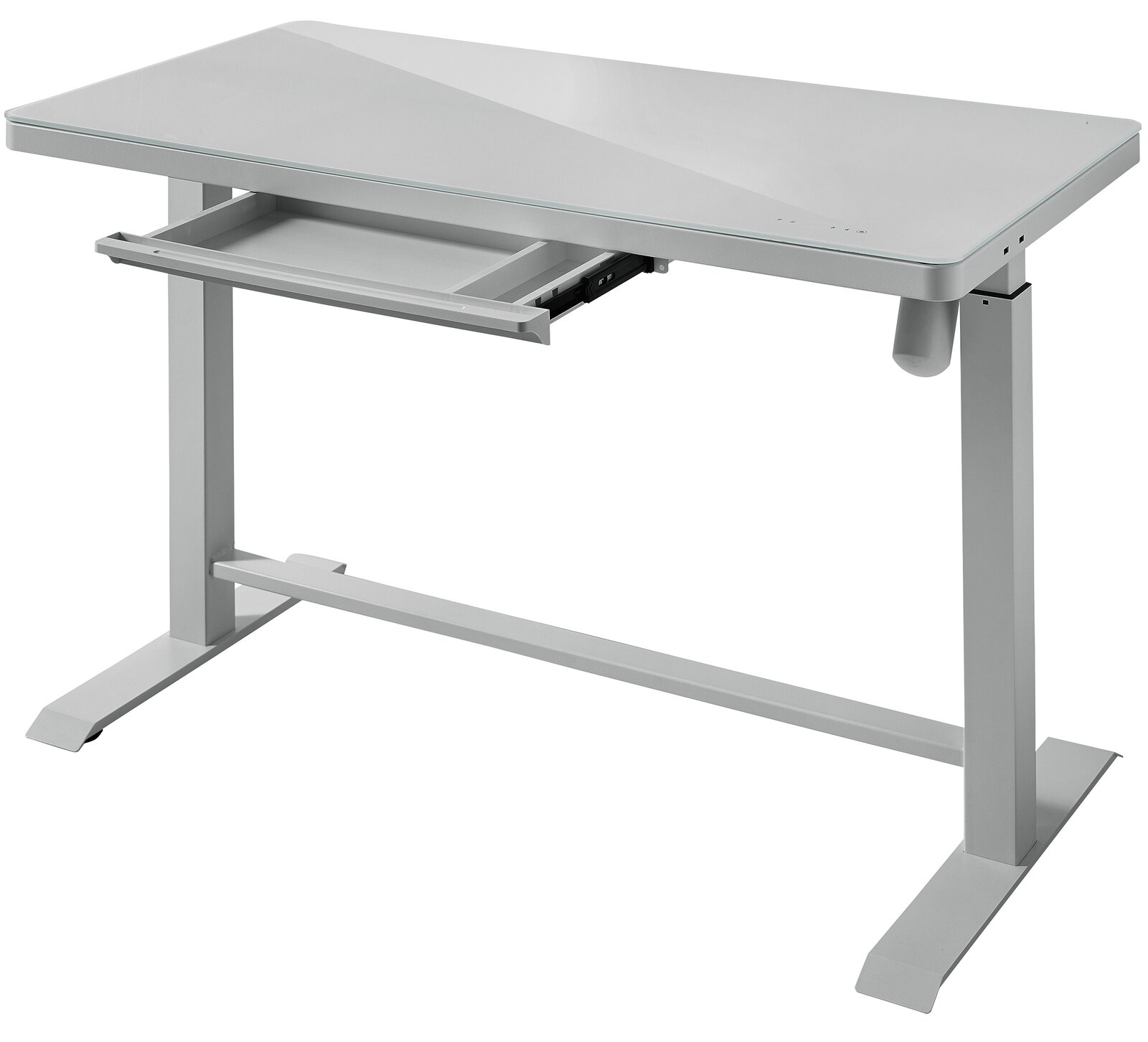 Moderner E-Schreibtisch aus Metall mit Glasplatte, seitliche Perspektive