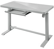 Moderner E-Schreibtisch aus Metall mit Glasplatte, seitliche Perspektive