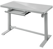 Moderner E-Schreibtisch aus Metall mit Glasplatte, seitliche Perspektive