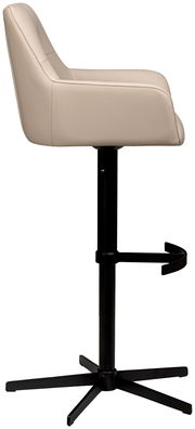 Seitenansicht eines modernen Barhockers mit beigem Sitz und schwarzem Metallgestell.