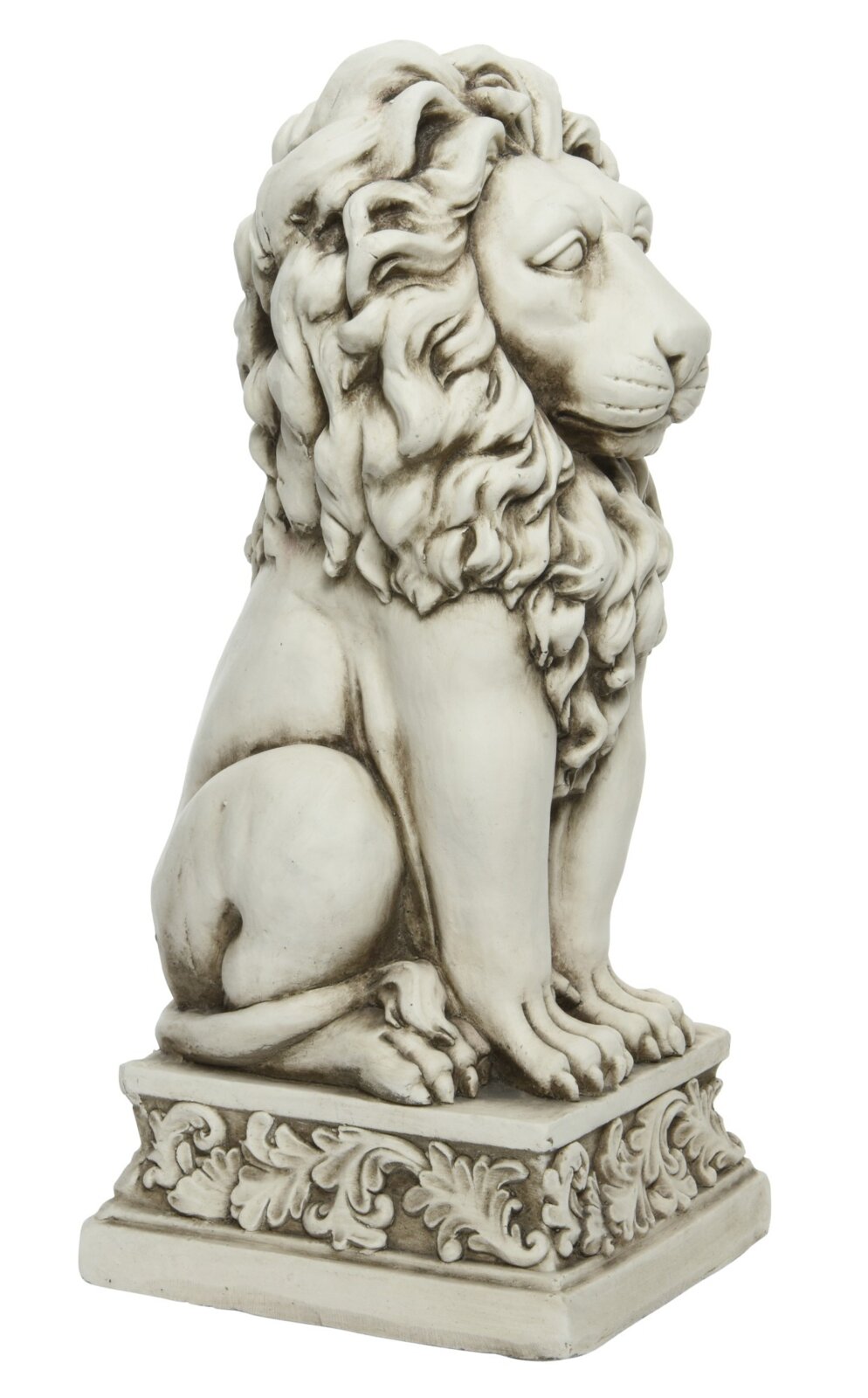 Lumineo Statue Löwe 61cm Dekorative Löwenstatue in Steinoptik mit detailreicher Mähne auf ornamentiertem Sockel, sitzende Pose, Ansicht schräg von vorne rechts