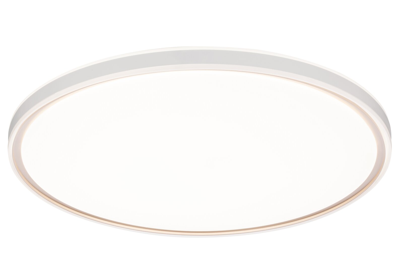 Ronde witte LED plafondlamp met slanke rand, gezien schuin van onderen (onderaanzicht) op een witte achtergrond