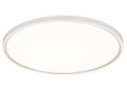 Ronde witte LED plafondlamp met slanke rand, gezien schuin van onderen (onderaanzicht) op een witte achtergrond