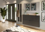 Moderner Schuhschrank in dunklem Design, an der Wand montiert, mit Pflanzen und Dekorationen darauf, aus seitlicher Perspektive fotografiert.