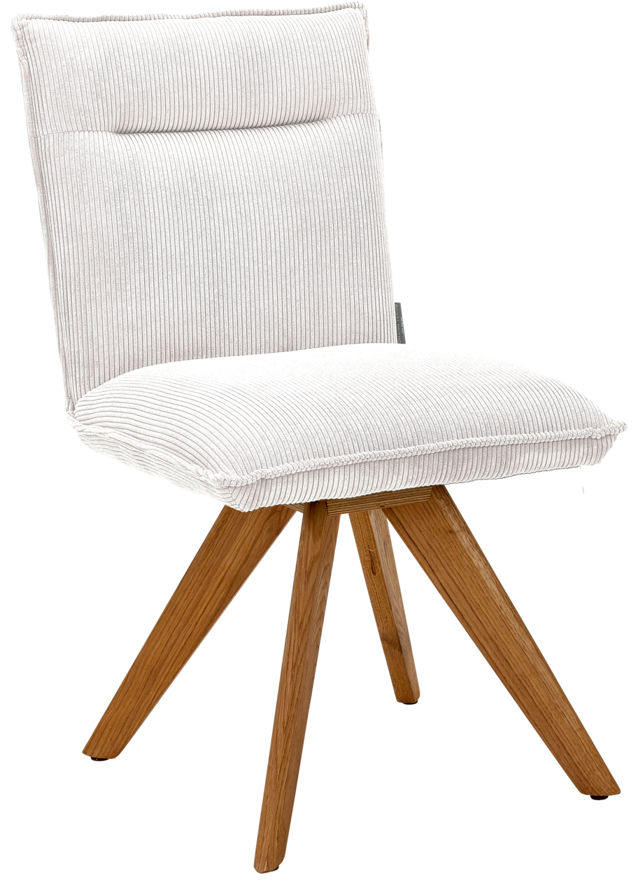 Johann Jakob Stuhl CALAS Moderner Stuhl mit weißem Stoffbezug und Holzbeinen, seitliche Perspektive