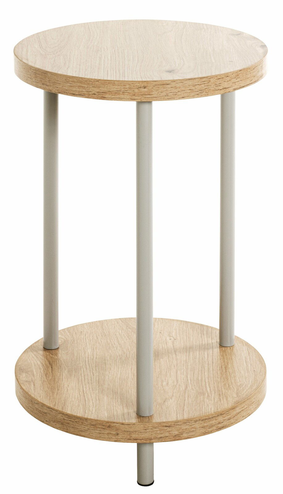 Runder Beistelltisch mit zwei Holzplatten und vier Metallbeinen, seitliche Perspektive