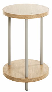 Runder Beistelltisch mit zwei Holzplatten und vier Metallbeinen, seitliche Perspektive