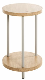 Runder Beistelltisch mit zwei Holzplatten und vier Metallbeinen, seitliche Perspektive